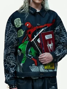 Black denim Spider-Man Webs Concrete Denim Jacket showcasing full length sleeves and durable denim construction.