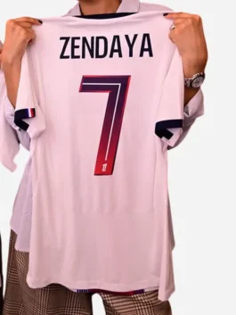 Close-up of the multicolor polyester Spider-Man PSG Zendaya Jersey showcasing the V-neck collar and vibrant athletic graphics.