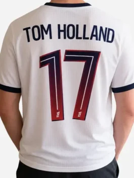 Multicolor polyester Spider-Man PSG Tom Holland Jersey detailing the V-neck collar and half length sleeves.