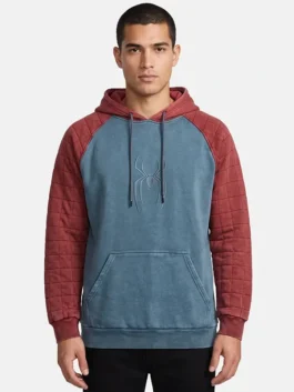 Red and blue fleece Spider-Man Quilted Sleeve Raglan Hoodie featuring a hooded collar and contrast raglan sleeves.