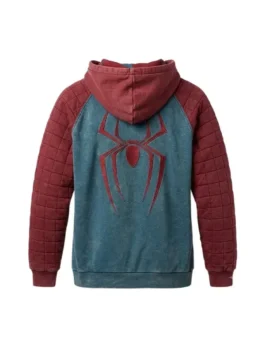 Back view of the red and blue fleece Spider-Man Quilted Sleeve Raglan Hoodie showcasing full length raglan sleeves and rib knitted cuffs.