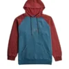 Front view of the red and blue fleece Spider-Man Quilted Sleeve Raglan Hoodie highlighting the hooded collar and kangaroo pocket.