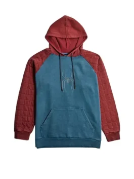 Front view of the red and blue fleece Spider-Man Quilted Sleeve Raglan Hoodie highlighting the hooded collar and kangaroo pocket.