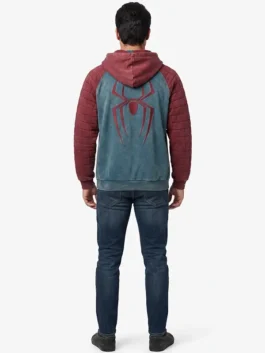 Red and blue fleece Spider-Man Quilted Sleeve Raglan Hoodie featuring a spacious front kangaroo pocket.