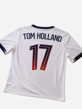 Back view of the multicolor polyester Spider-Man PSG Tom Holland Jersey highlighting half length sleeves and clean hem.