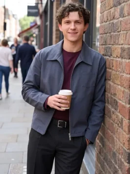 Grey cotton Tom Holland Spider-Man London Photocall Jacket featuring a shirt style collar and zipper front.