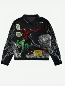 Front view of the black denim Spider-Man Webs Concrete Denim Jacket detailing the shirt collar and button closure.