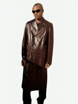 Brown real leather Spider Man 2026 Premiere Steve Lacy Coat highlighting the classic lapel collar and rich brown color.