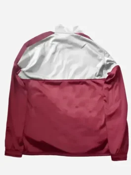 Back view of the red and grey fleece fabric The Boys S03 Soldier Boy Track Jacket showing full length sleeves and red grey color blocking.