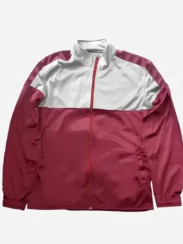 Front view of the red and grey fleece fabric The Boys S03 Soldier Boy Track Jacket highlighting three practical storage pockets.