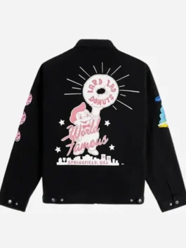 Close-up of the black cotton The Simpsons x Shoe Palace Donuts Jacket detailing the shirt collar and zipper front.