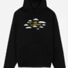 Front view of the black fleece Shoe Palace x The Simpsons Clouds Pullover Hoodie highlighting the hooded collar and kangaroo pocket.