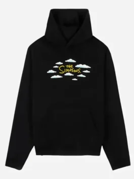 Front view of the black fleece Shoe Palace x The Simpsons Clouds Pullover Hoodie highlighting the hooded collar and kangaroo pocket.