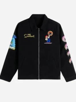 Front view of the black cotton The Simpsons x Shoe Palace Donuts Jacket highlighting four practical storage pockets.