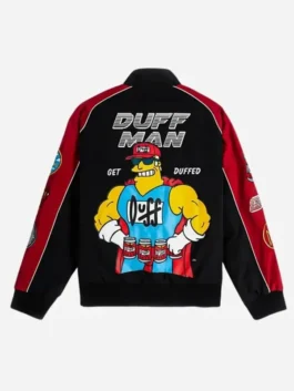Back view of the black and red cotton The Simpsons x Shoe Palace Duff Man Racing Jacket showing clean motorsport design lines.