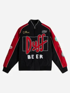 Front view of the black and red cotton The Simpsons x Shoe Palace Duff Man Racing Jacket highlighting four practical storage pockets.