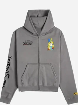 Close-up of the grey fleece The Simpsons x Shoe Palace Family Hoodie detailing the hooded collar and front zipper.