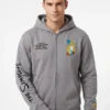 Model view of the grey fleece The Simpsons x Shoe Palace Family Hoodie highlighting the spacious kangaroo pockets.