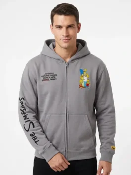 Model view of the grey fleece The Simpsons x Shoe Palace Family Hoodie highlighting the spacious kangaroo pockets.