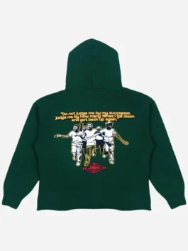 Back view of the green fleece LL Cool J The Tonight Show Mandela Hoodie showcasing full length sleeves and flexible rib knitted cuffs.