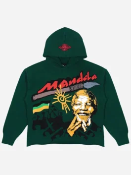 Front view of the green fleece LL Cool J The Tonight Show Mandela Hoodie highlighting the hooded collar and rib knitted trim.