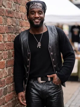 Black real leather The Tonight Show Shaboozey Leather Vest highlighting its dual button and zipper front closure.