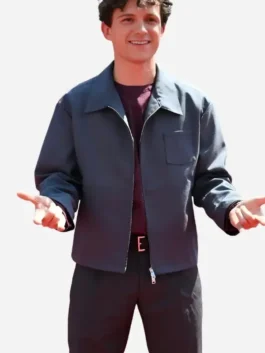 Grey cotton Tom Holland Spider-Man London Photocall Jacket showcasing full length sleeves and a modern tailored fit.