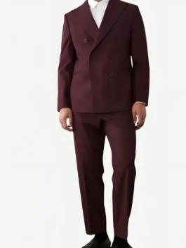 Burgundy suiting fabric SpiderMan 2026 Premiere Tom Holland Suit highlighting four blazer pockets and three trouser pockets.