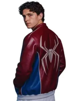 Burgundy and blue real leather SpiderMan Tom Holland Burgundy Leather Jacket highlighting the zipper front and shirt collar.
