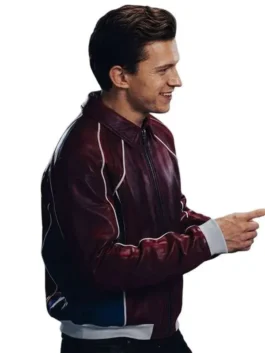 Burgundy and blue real leather SpiderMan Tom Holland Burgundy Leather Jacket detailing four functional storage pockets.
