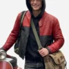 Red and black real leather Clayface Tom Rhys Harries Leather Jacket highlighting four practical storage pockets.