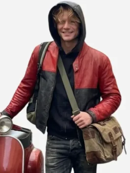 Red and black real leather Clayface Tom Rhys Harries Leather Jacket highlighting four practical storage pockets.