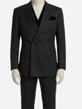 Front view of the black suiting fabric Tribeca Event Hadestown Patrick Page Suit detailing the lapel collar and button front.