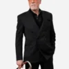 Black suiting fabric Tribeca Event Hadestown Patrick Page Suit highlighting five blazer pockets and three trouser pockets.