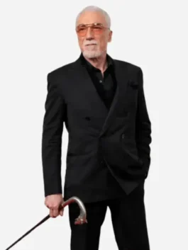 Black suiting fabric Tribeca Event Hadestown Patrick Page Suit highlighting five blazer pockets and three trouser pockets.