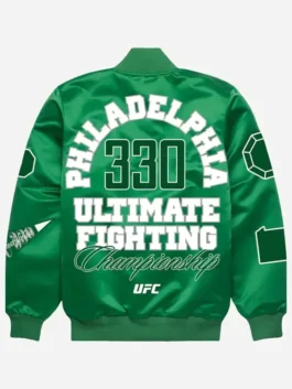 Back view of the green satin UFC 330 Philadelphia Satin Bomber Jacket showing full length sleeves and rib knitted cuffs.