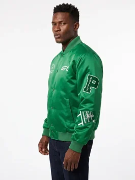 Close-up of the green satin UFC 330 Philadelphia Satin Bomber Jacket detailing the rib knitted collar and snap buttons.