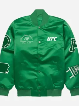 Green satin UFC 330 Philadelphia Satin Bomber Jacket highlighting four practical storage pockets.