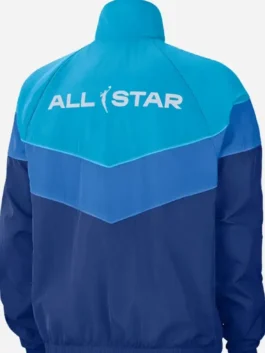 Back view of the blue polyester Caitlin Clark All-Star Game Windrunner Jacket showing full length sleeves and elastic cuffs.