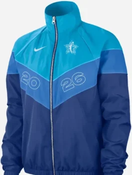 Front view of the blue polyester Caitlin Clark All-Star Game Windrunner Jacket detailing the stand up collar and zipper front.