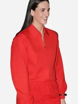 Close-up of the red cotton Caitlin Clark All-Star Game Red Jacket detailing the shirt style collar and zipper front.