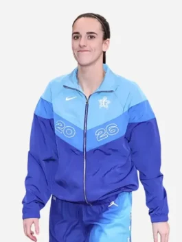 Blue polyester Caitlin Clark All-Star Game Windrunner Jacket highlighting three functional storage pockets.