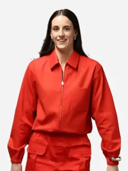 Front view of the red cotton Caitlin Clark All-Star Game Red Jacket highlighting two functional storage pockets.