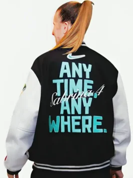 Black and white wool and PU leather Sabrina Ionescu Any Time Any Where Varsity Jacket highlighting four practical storage pockets.