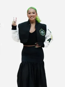 Black and white wool WNBA Seattle Storm Kayce Kirihara Jacket featuring a rib knitted collar and snap tab button closure.