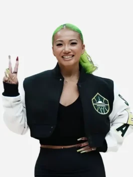 Black and white wool WNBA Seattle Storm Kayce Kirihara Jacket showcasing the rib knitted collar and snap tab closure.
