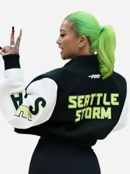 Back view of the black and white wool WNBA Seattle Storm Kayce Kirihara Jacket showing full length sleeves and rib knitted cuffs.