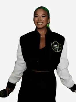 Front view of the black and white wool WNBA Seattle Storm Kayce Kirihara Jacket detailing the snap tab buttons and two-tone finish.