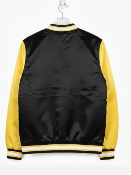 Back view of the black and yellow satin X-Men 97 Black Yellow Satin Bomber Jacket detailing full length sleeves and a bold yellow and black finish.