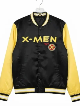 Front view of the black and yellow satin X-Men 97 Black Yellow Satin Bomber Jacket highlighting four functional storage pockets and a button front.